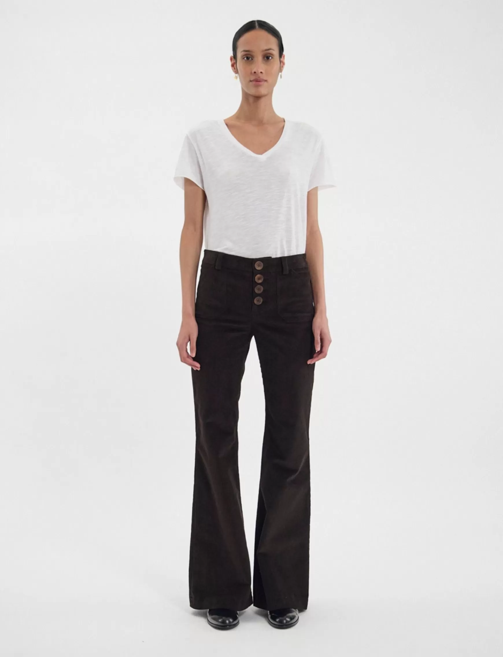 Ines de la Fressange Paris Charlotte trousers in brown milleraies velvet Store