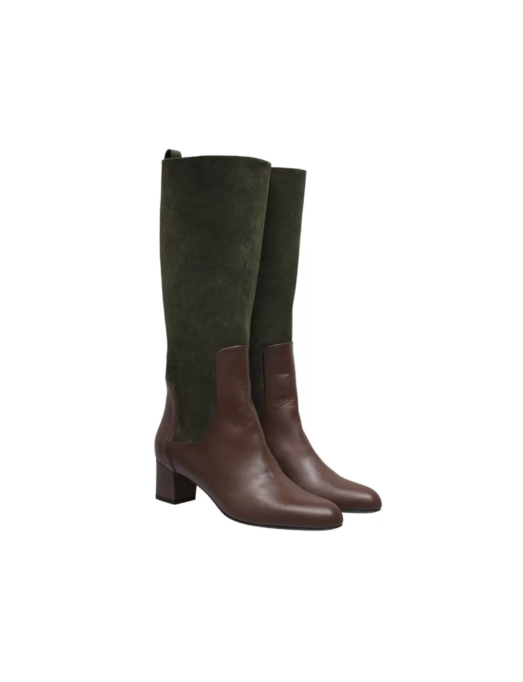 Ines de la Fressange Paris High heeled boots, green and chocolate leather New