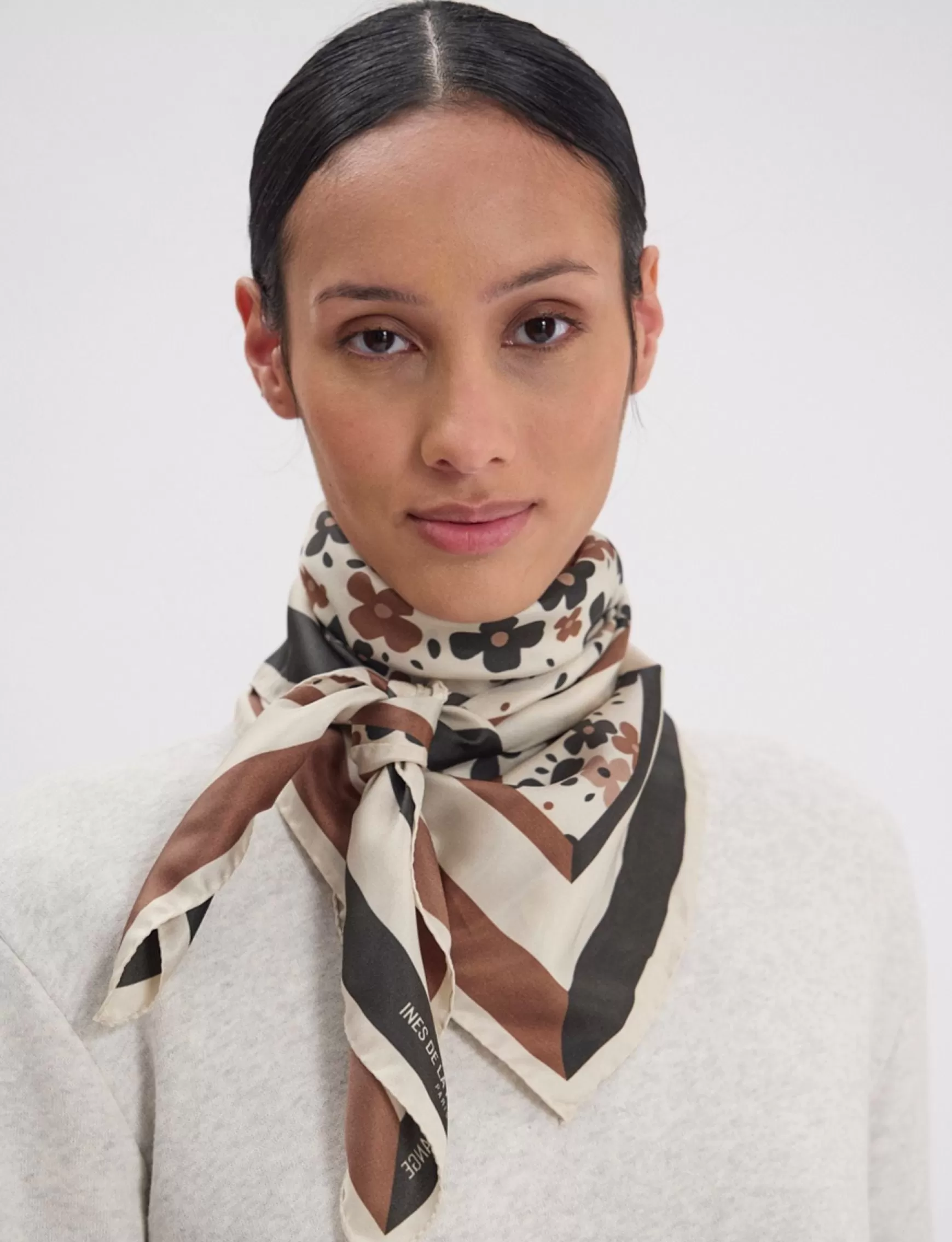 Ines de la Fressange Paris Lewis silk scarf, floral design in a variation of browns Flash Sale