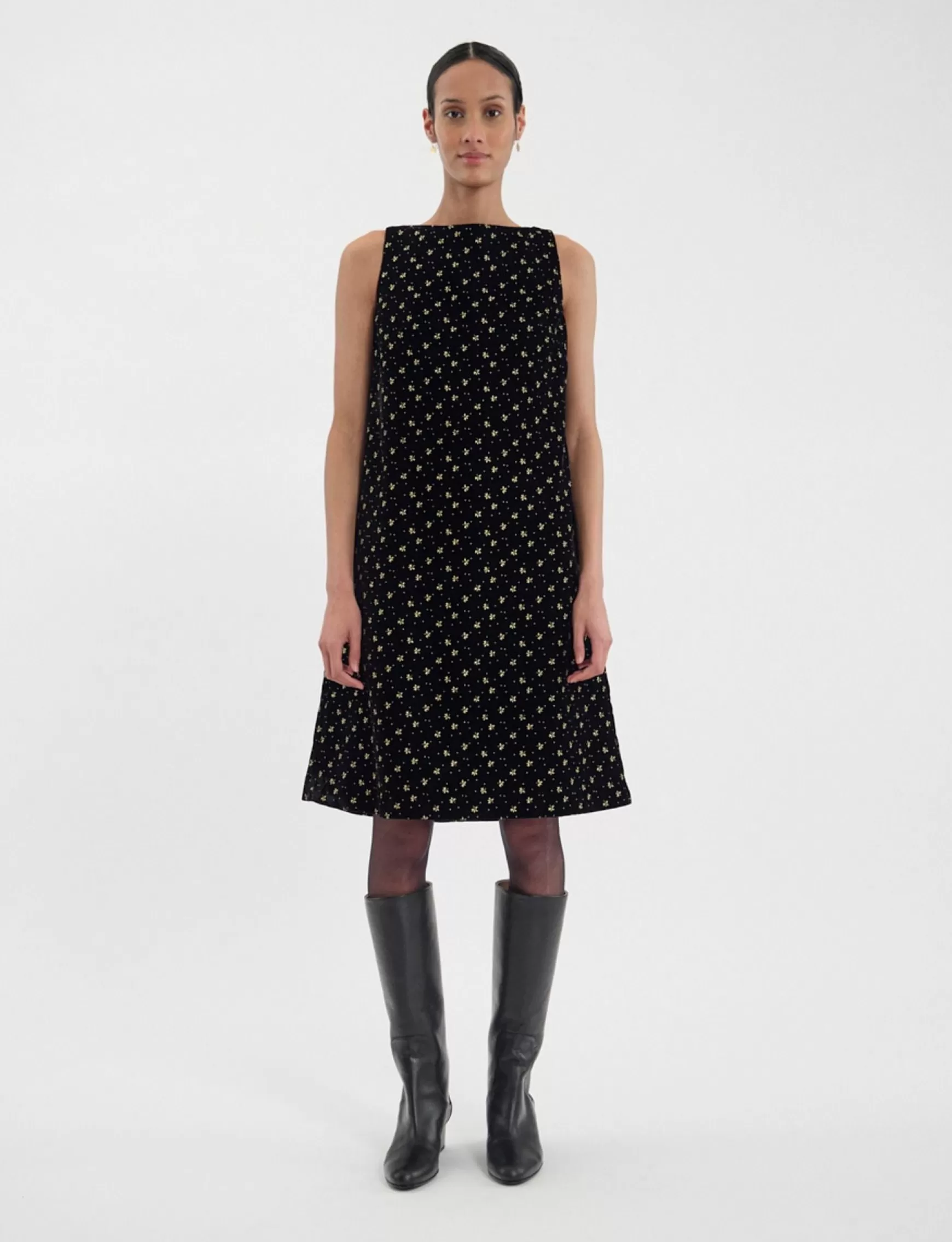 Ines de la Fressange Paris Madeleine dress in smooth black velvet with gold print Clearance