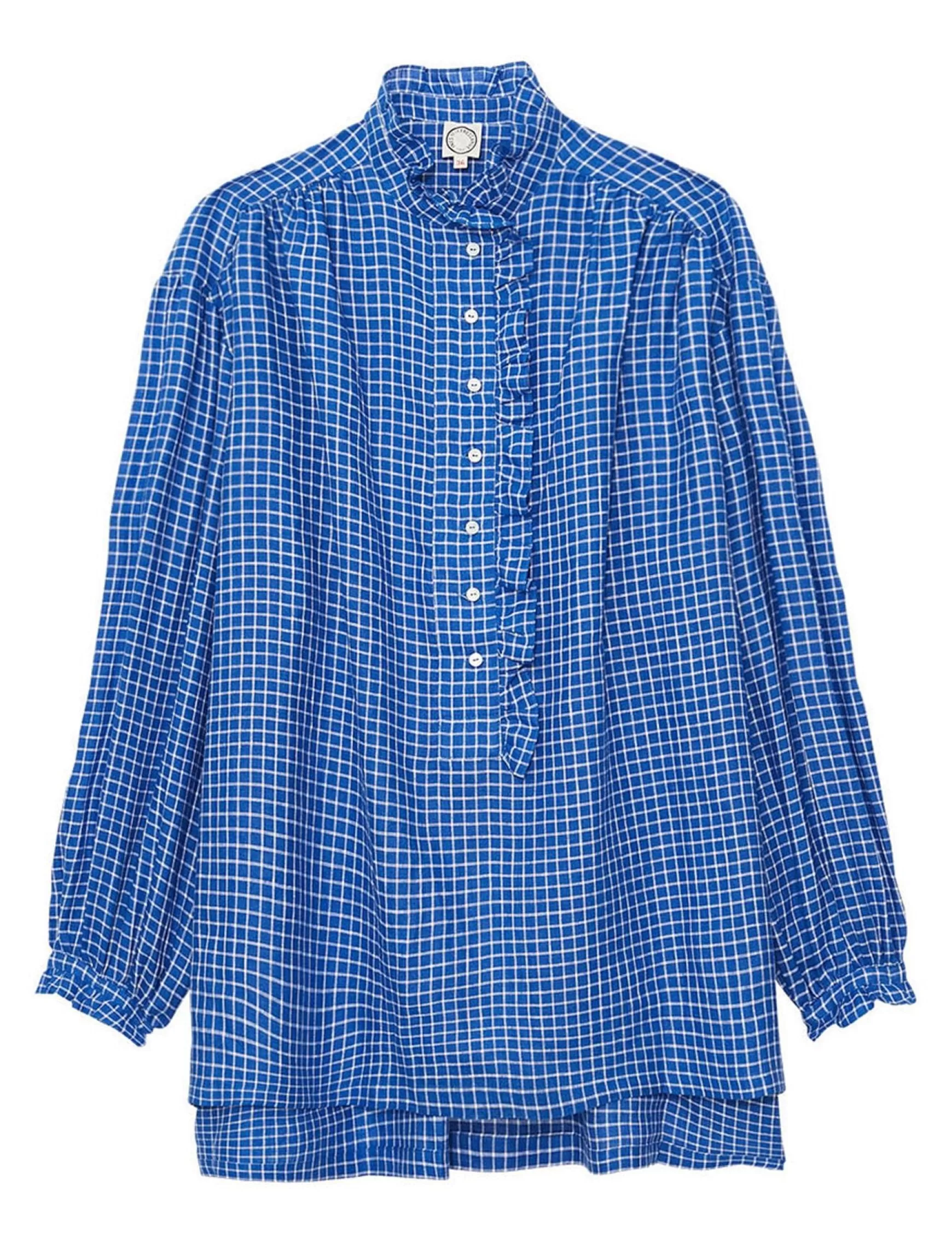 Ines de la Fressange Paris Oversized Maryange shirt with ruffles in blue linen Sale